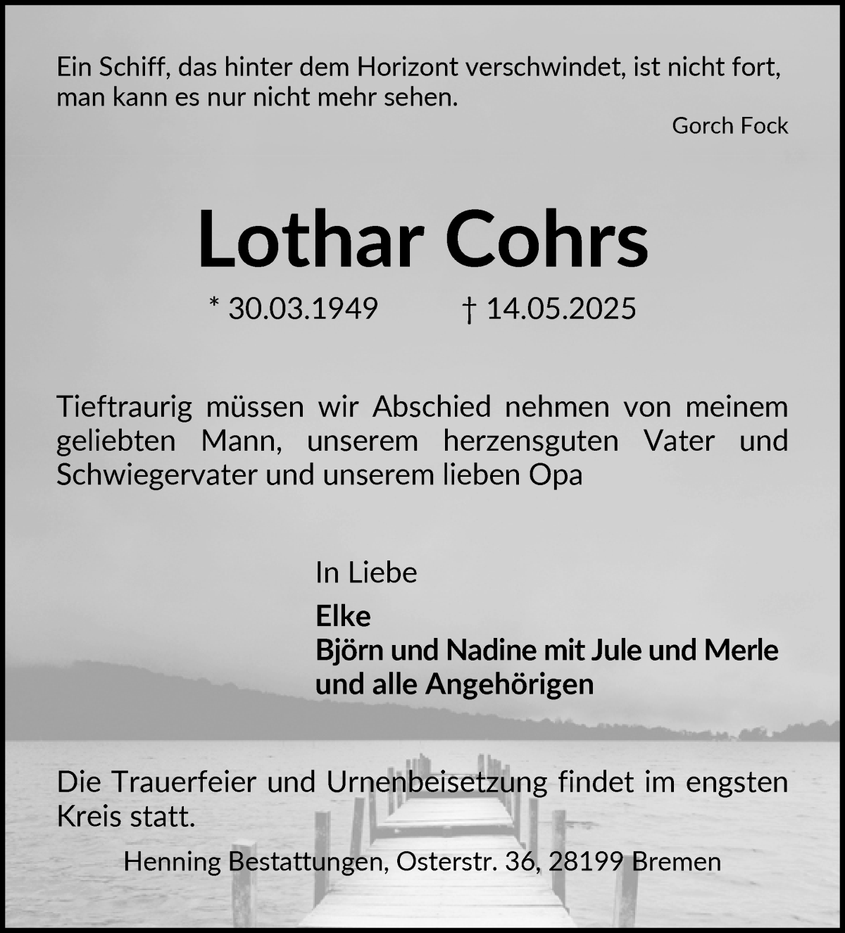 Traueranzeige von Lothar Cohrs von WESER-KURIER