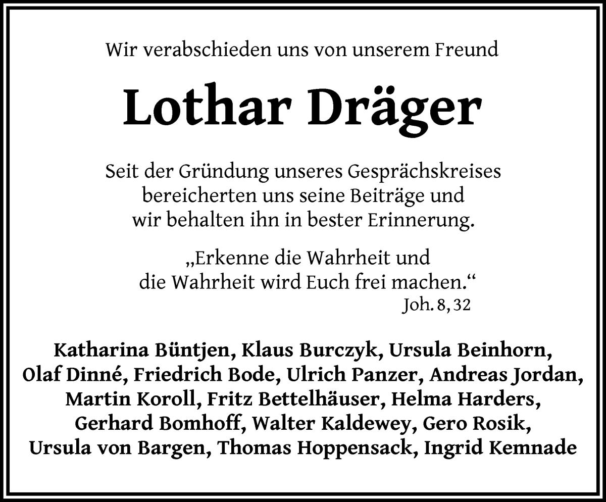 Traueranzeige von Lothar Dräger von WESER-KURIER
