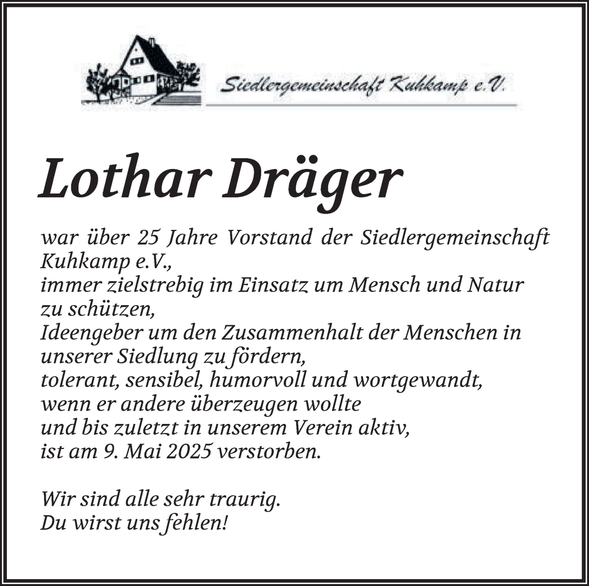 Traueranzeige von Lothar Dräger von WESER-KURIER