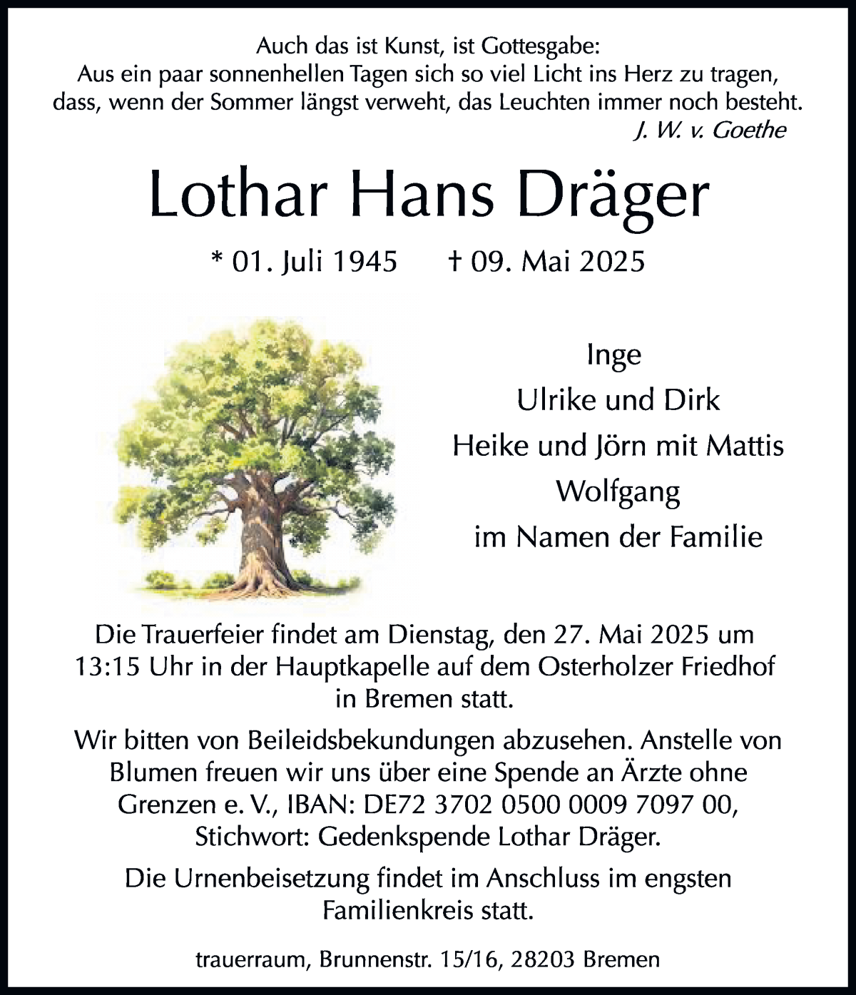 Traueranzeige von Lothar Hans Dräger von WESER-KURIER