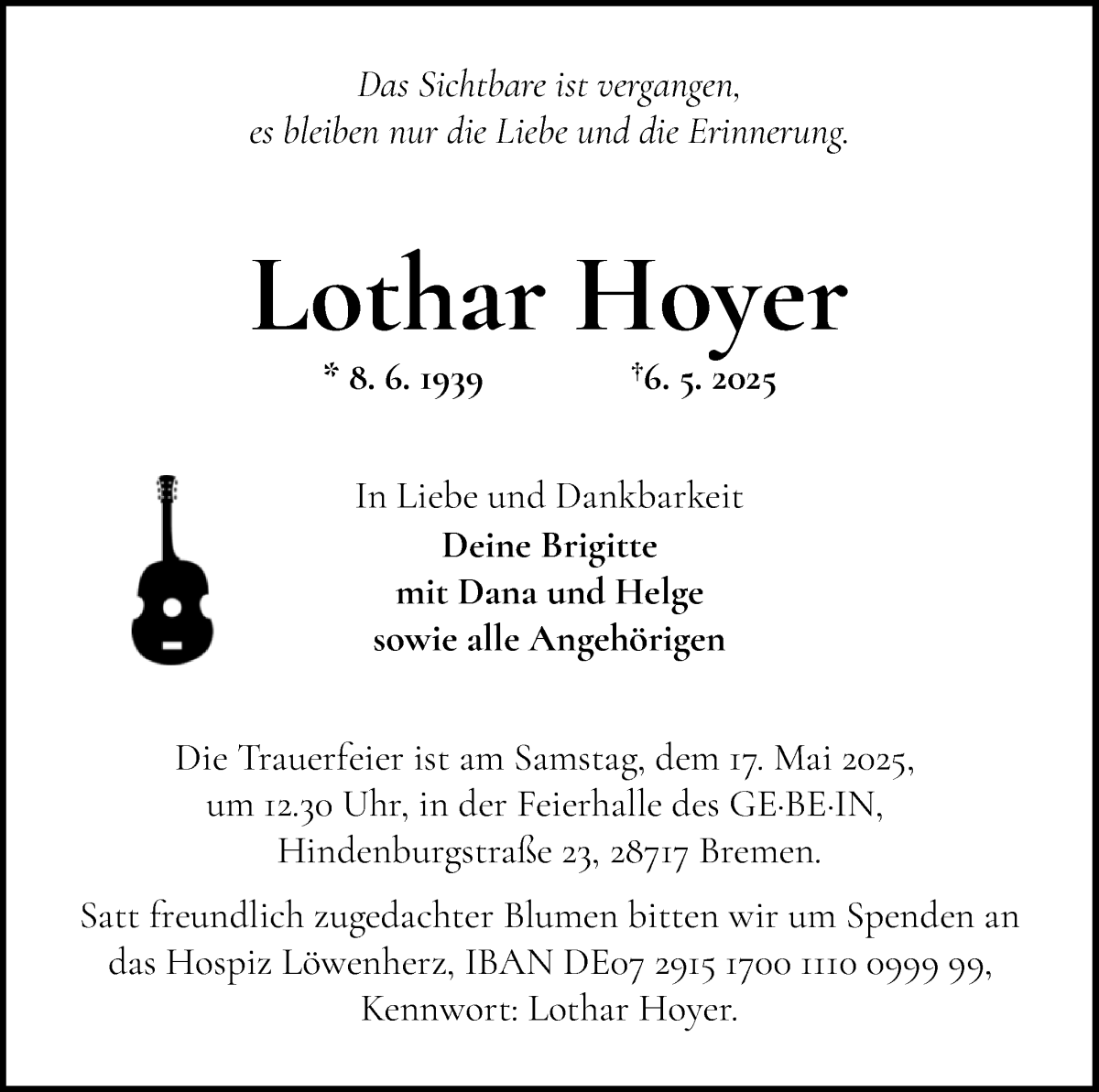 Traueranzeige von Lother Hoyer von WESER-KURIER