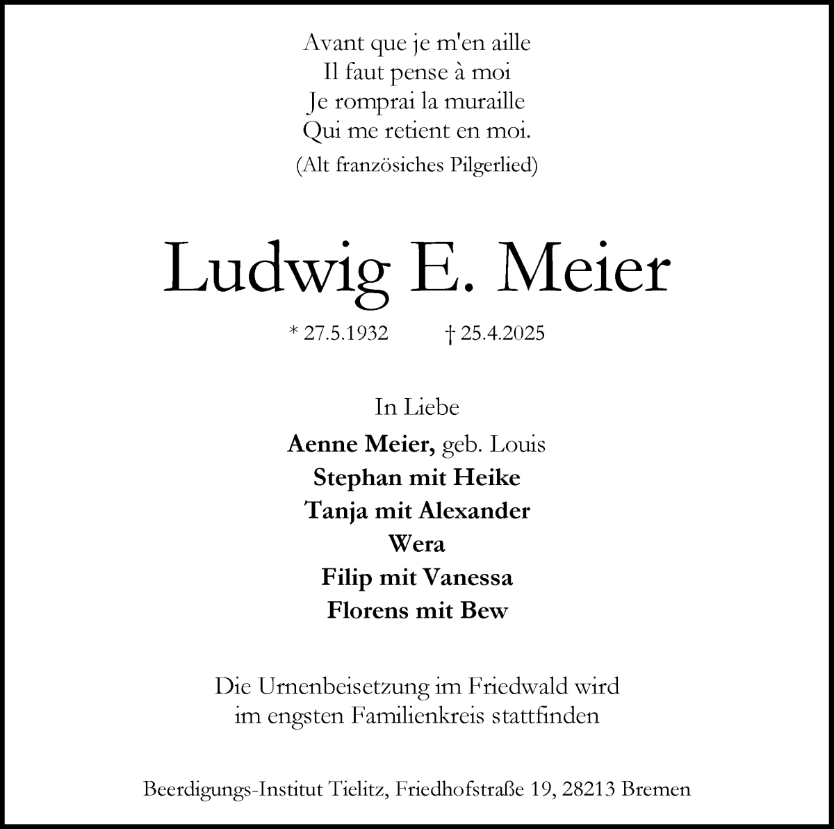 Traueranzeige von Ludwig E. Meier von WESER-KURIER
