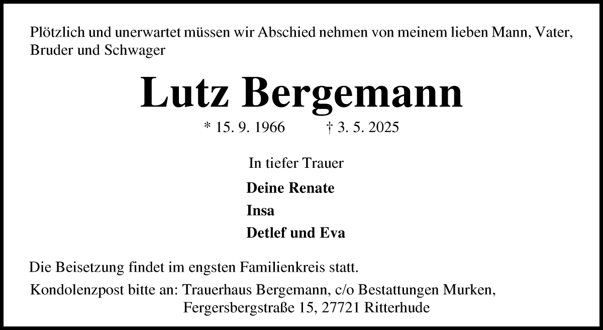 Traueranzeige von Lutz Bergemann von Osterholzer Kreisblatt