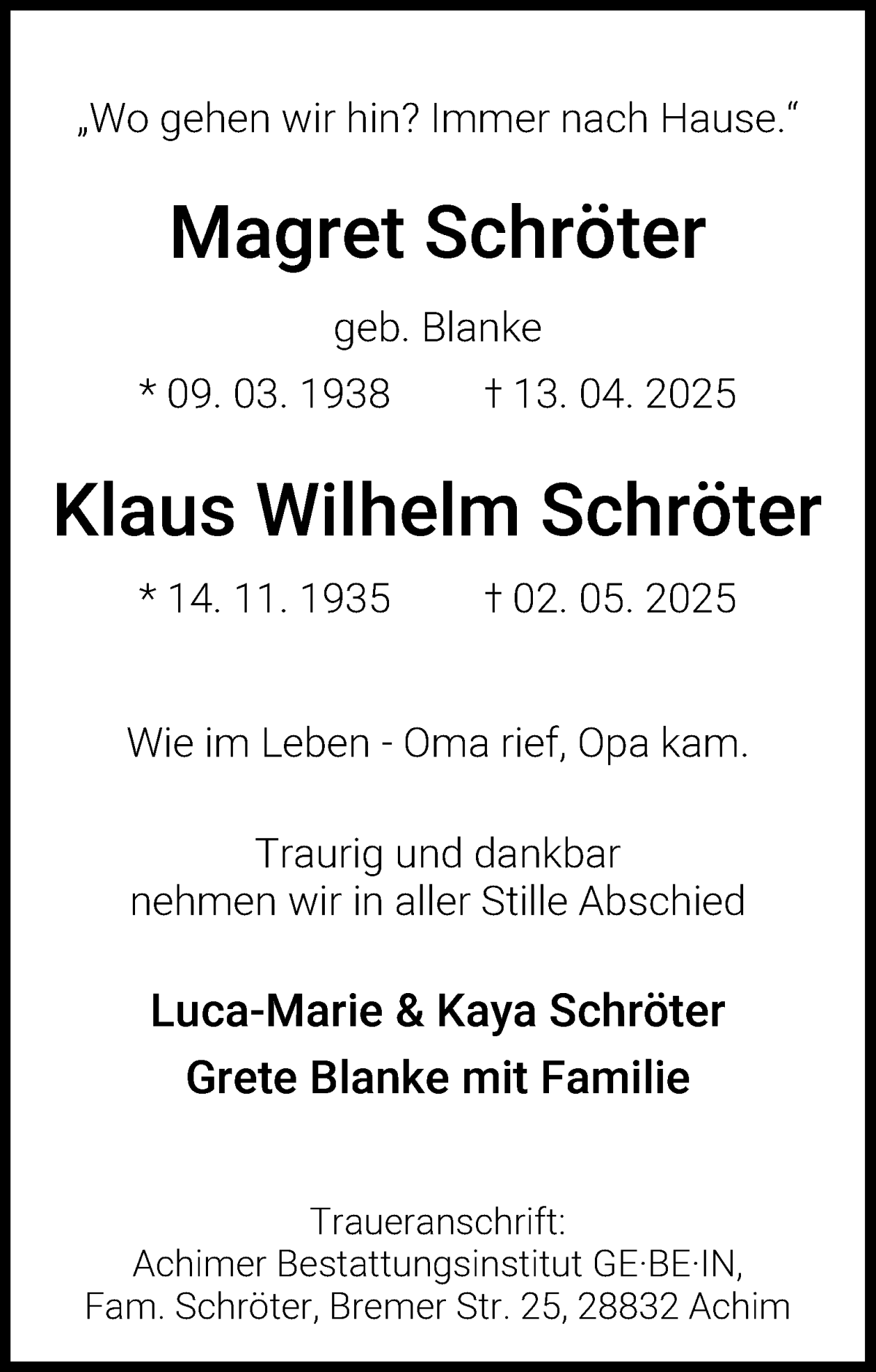 Traueranzeige von Magret Schröter von WESER-KURIER