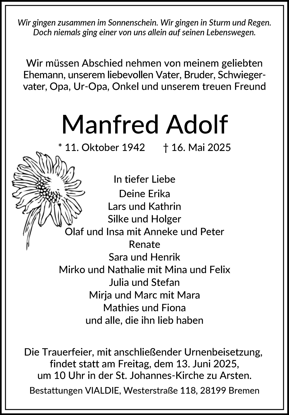 Traueranzeige von Manfred Adolf von WESER-KURIER