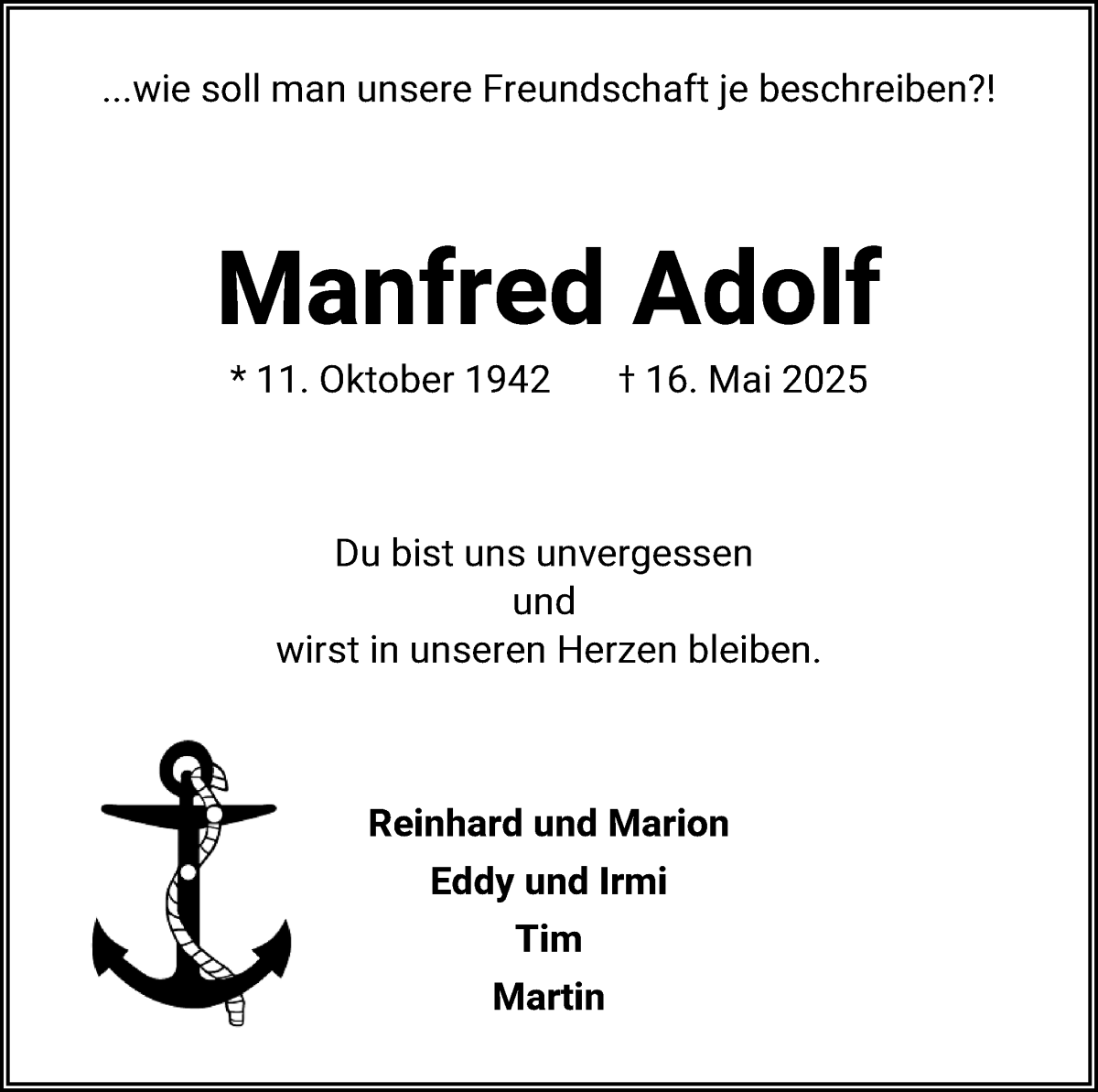 Traueranzeige von Manfred Adolf von WESER-KURIER