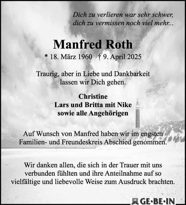 Traueranzeige von Manfred Roth von WESER-KURIER