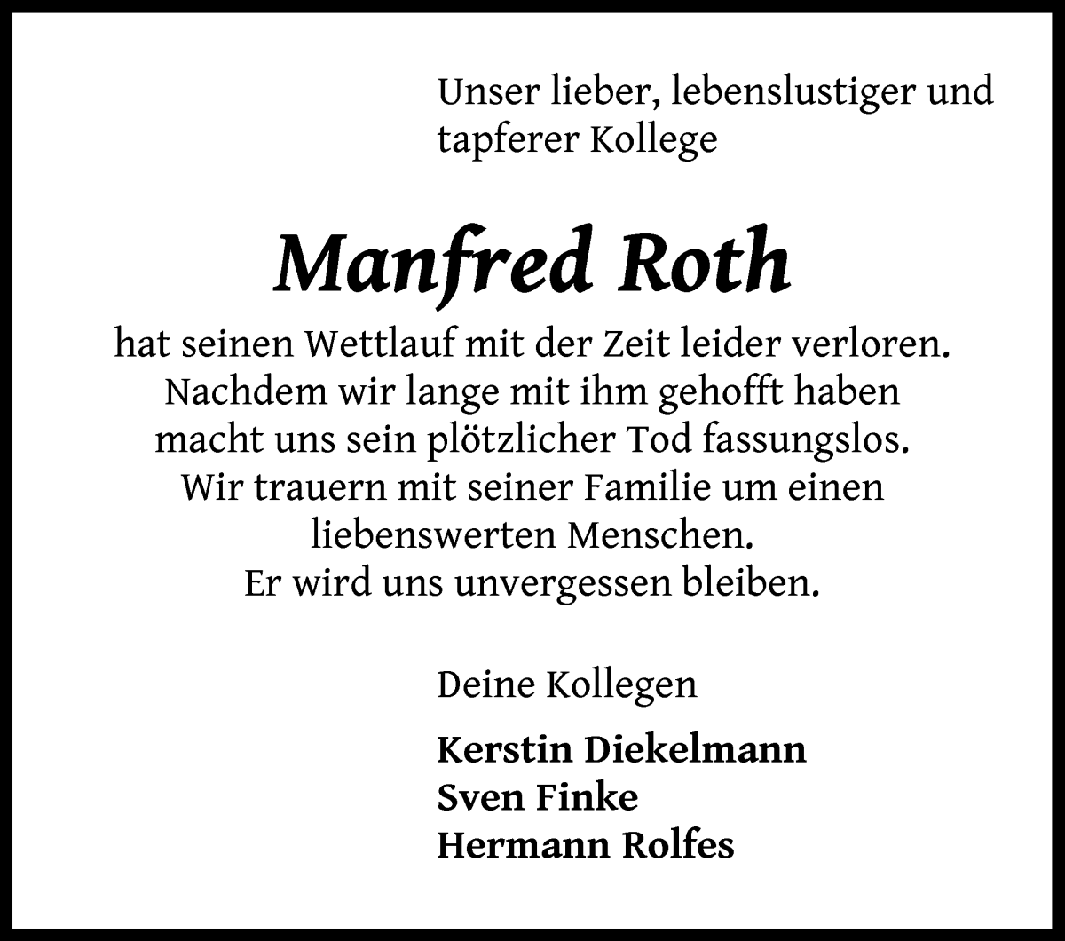Traueranzeige von Manfred Roth von Osterholzer Kreisblatt