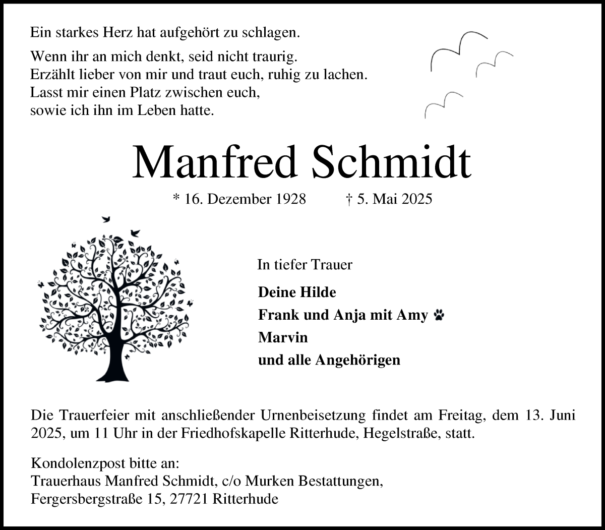 Traueranzeige von Manfred Schmidt von Osterholzer Kreisblatt