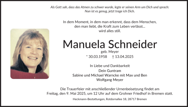 Traueranzeige von Manuela Schneider von Osterholzer Kreisblatt