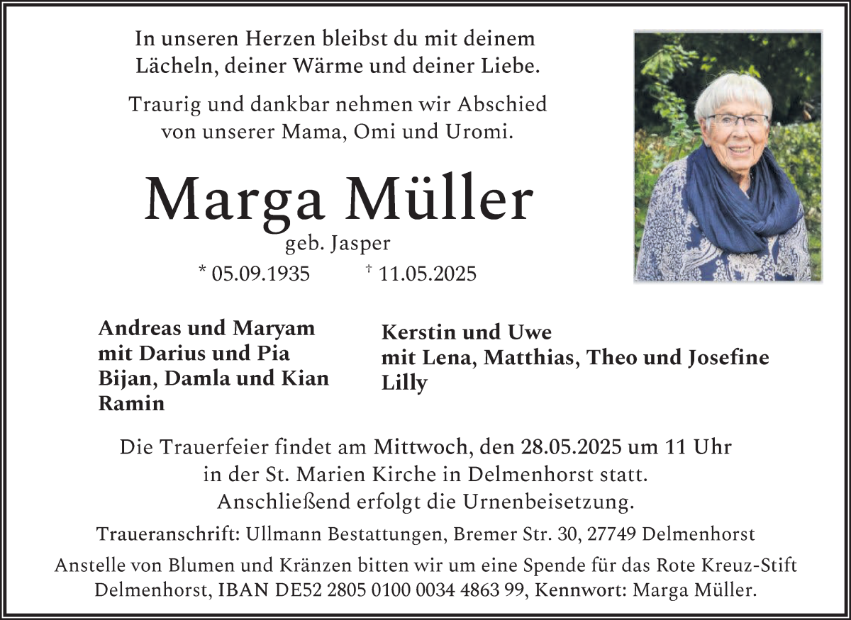 Traueranzeige von Marga Müller von Delmenhorster Kurier