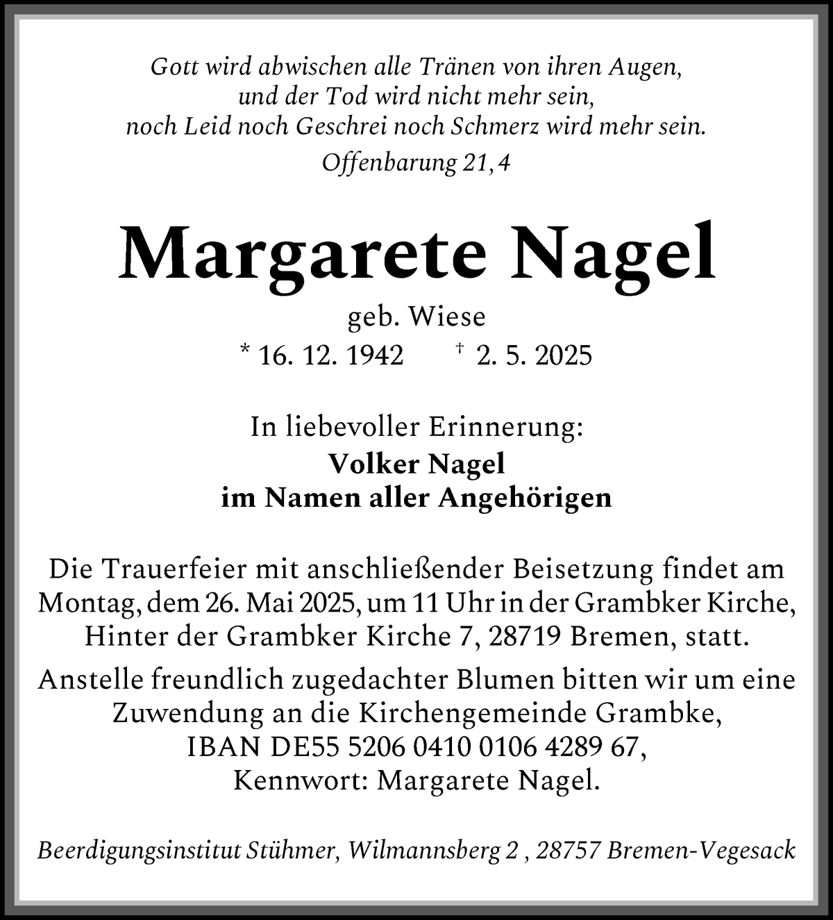 Traueranzeige von Margarete Nagel von WESER-KURIER