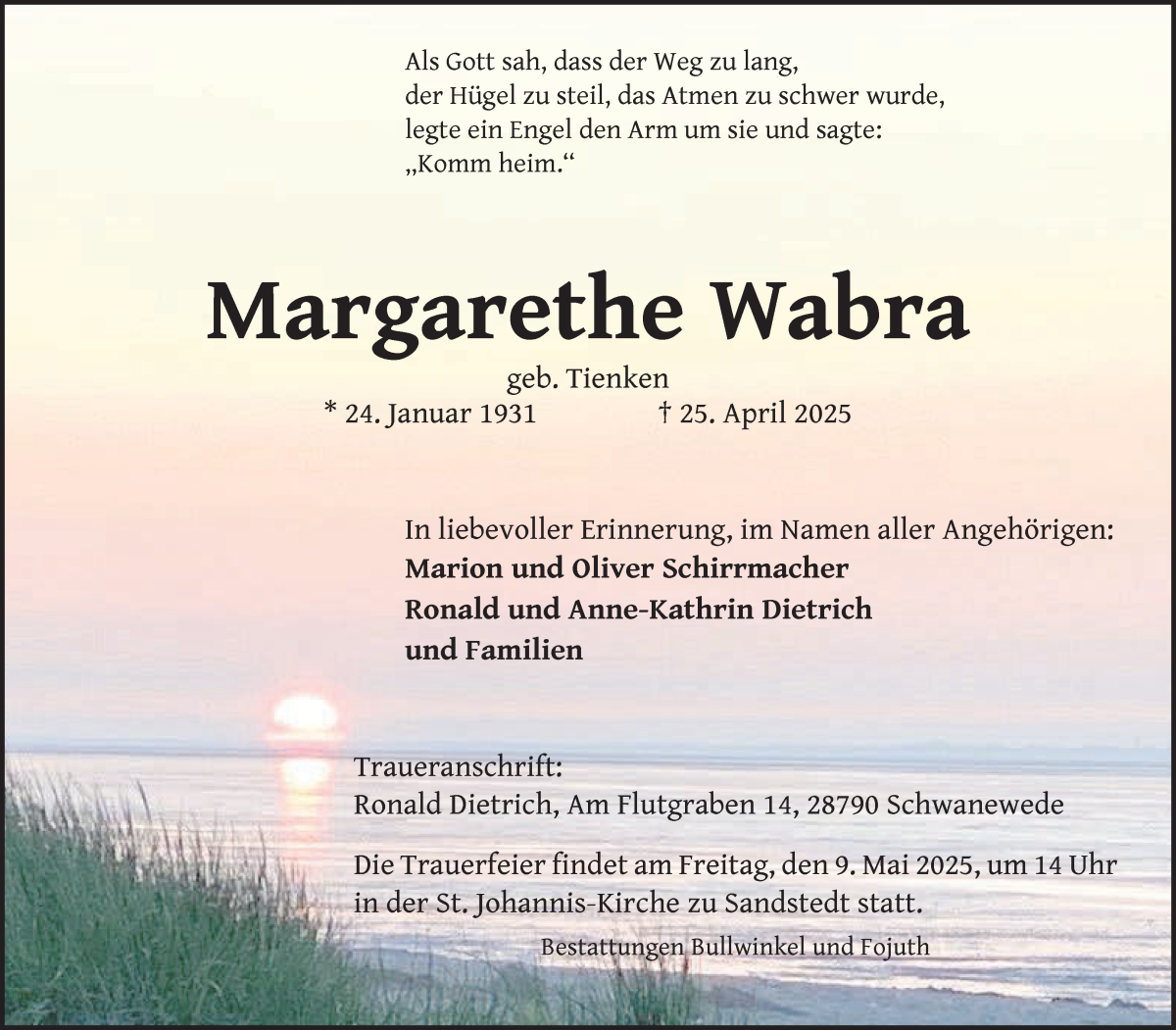 Traueranzeige von Margarethe Wabra von Die Norddeutsche