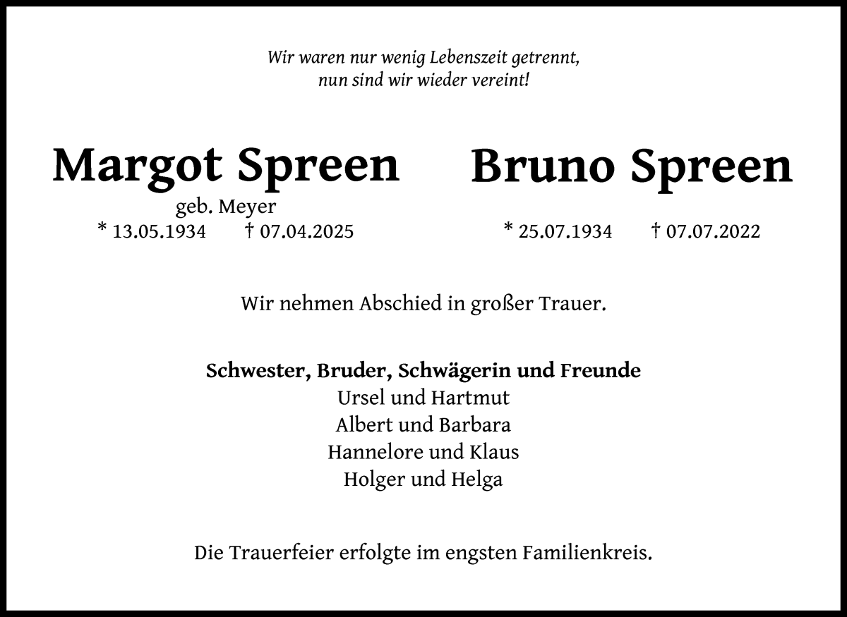 Traueranzeige von Margot Spreen von WESER-KURIER