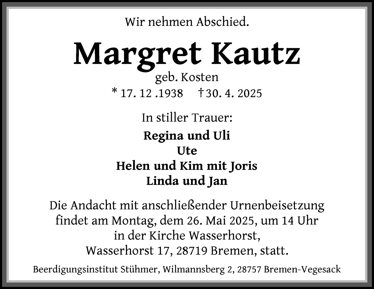 Traueranzeige von Margret Kautz von WESER-KURIER