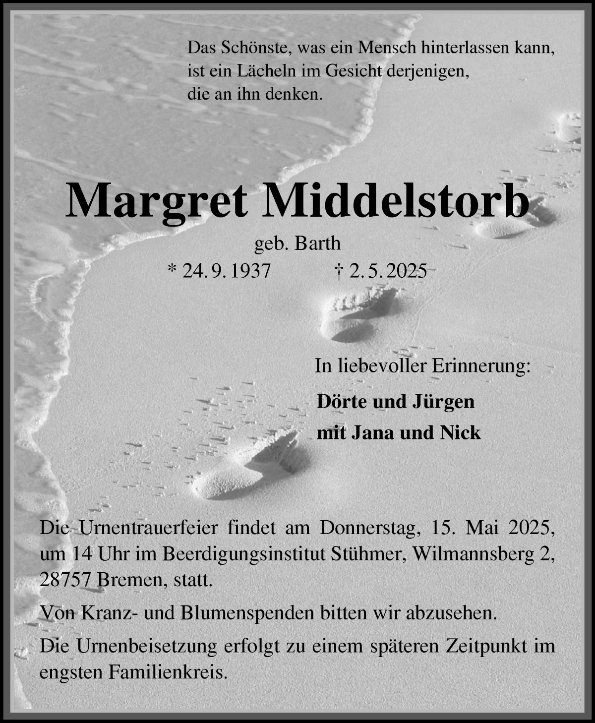 Traueranzeige von Margret Middelstorb von Die Norddeutsche