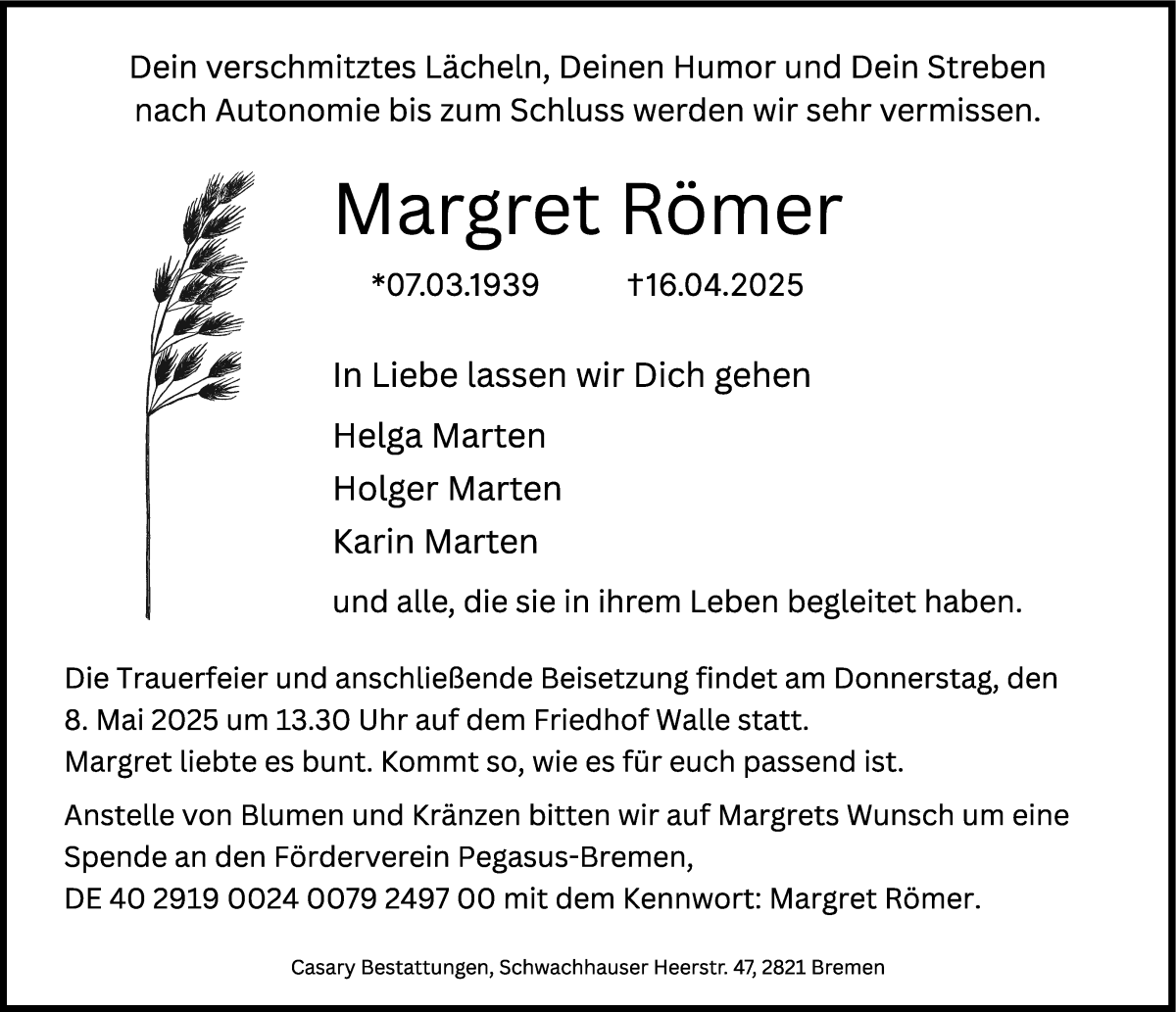Traueranzeige von Margret Römer von WESER-KURIER
