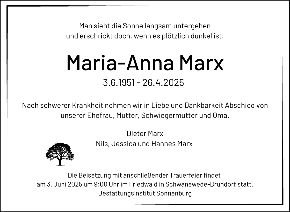 Traueranzeige von Maria-Anna Marx von Die Norddeutsche