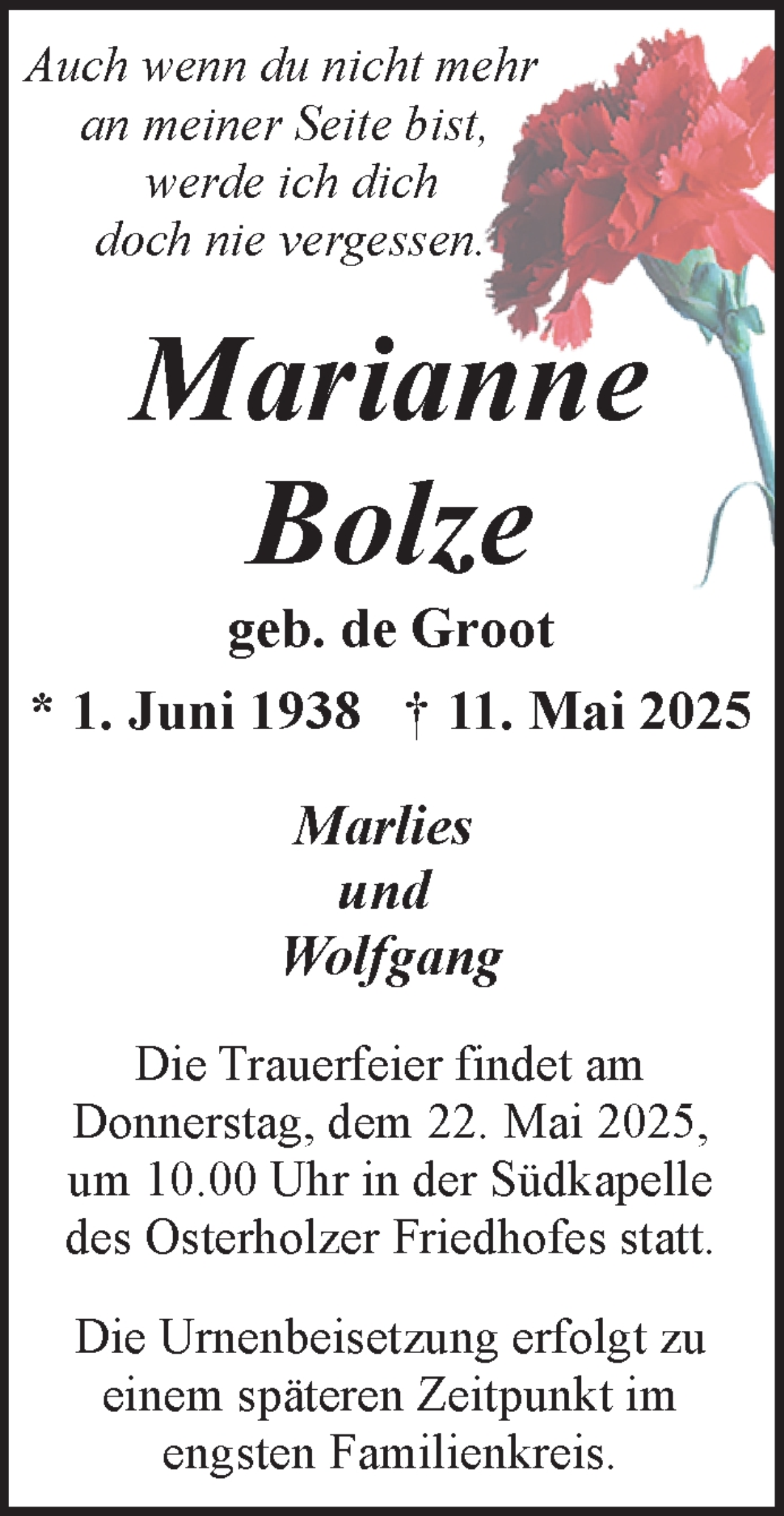 Traueranzeige von Marianne Bolze von WESER-KURIER
