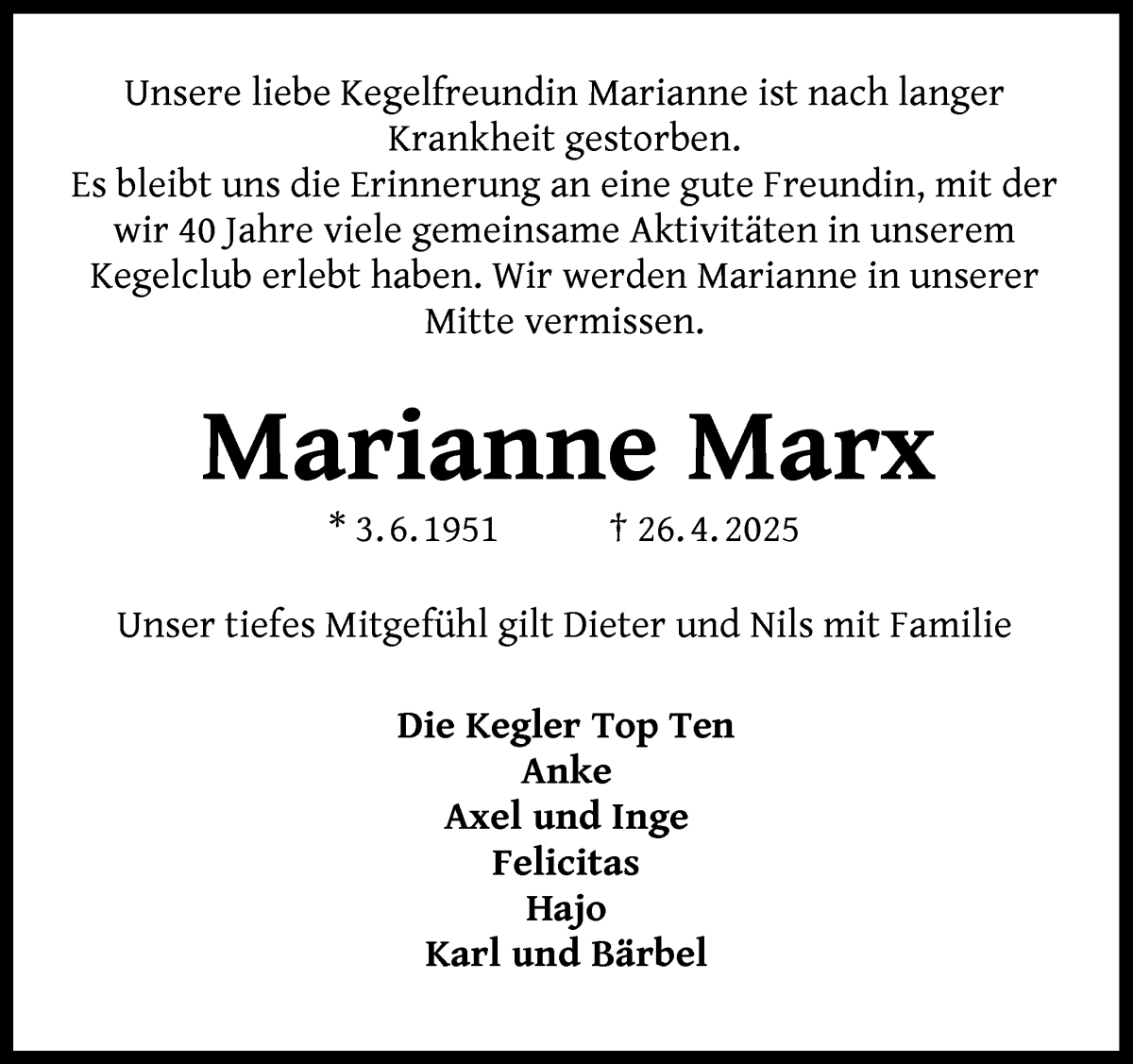 Traueranzeige von Marianne Marx von Die Norddeutsche