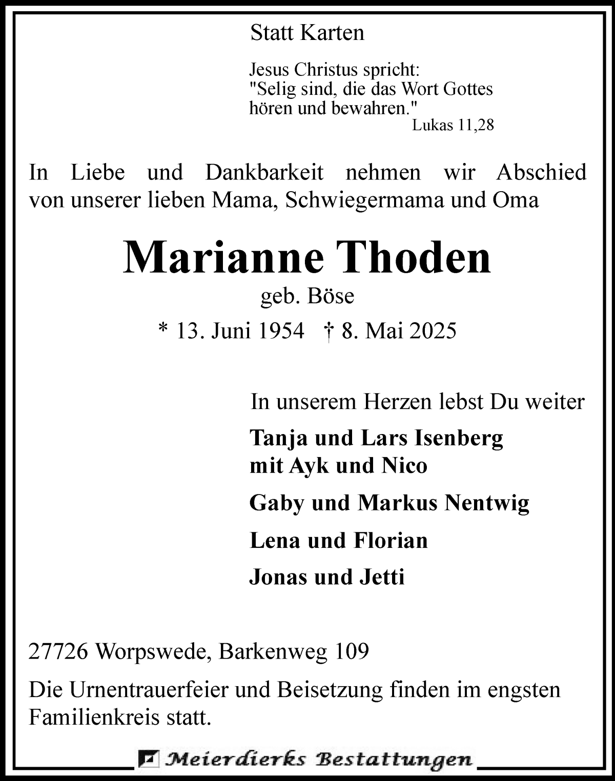 Traueranzeige von Marianne Thoden von Wuemme Zeitung