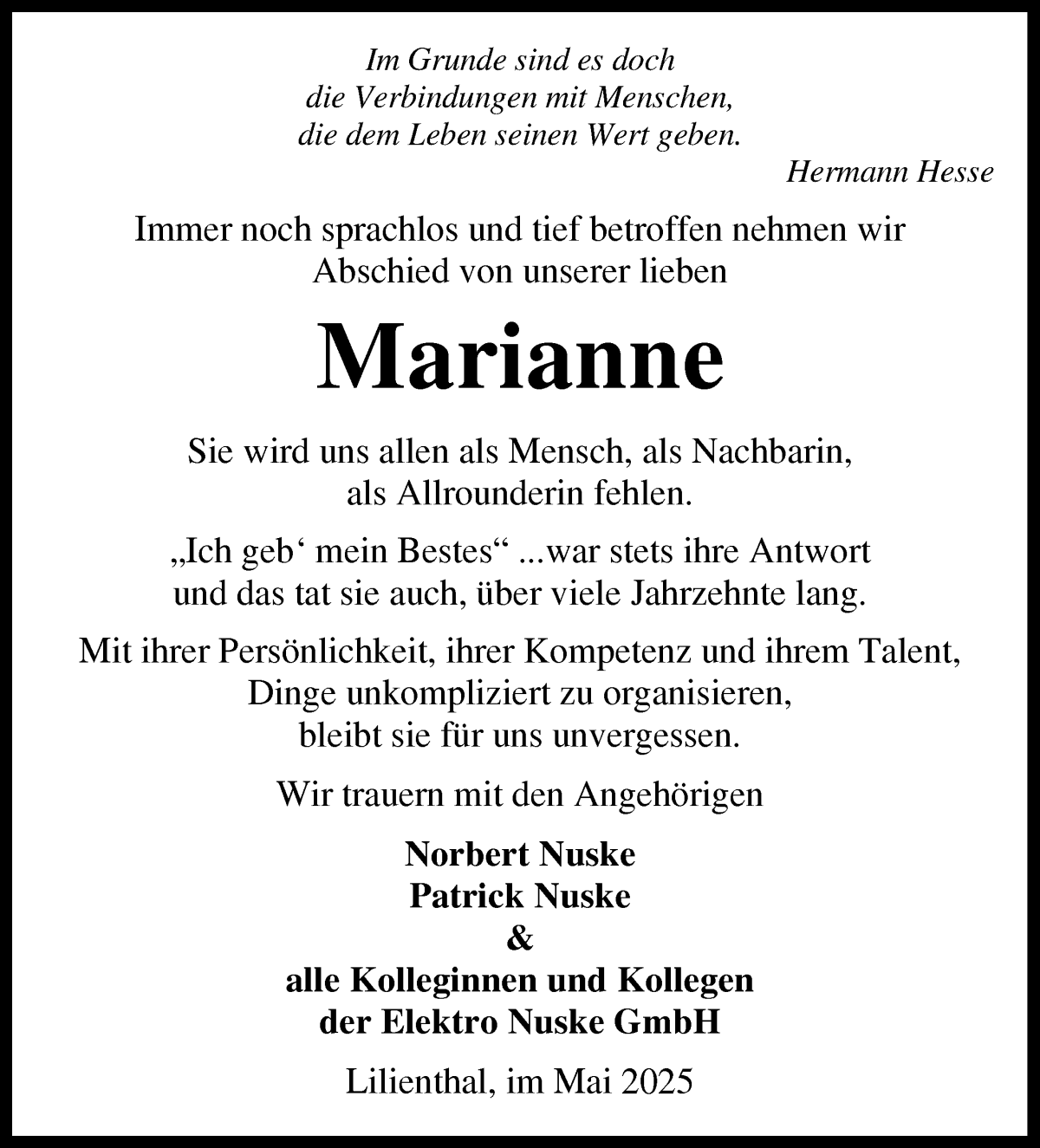 Traueranzeige von Marianne Thoden von Wuemme Zeitung