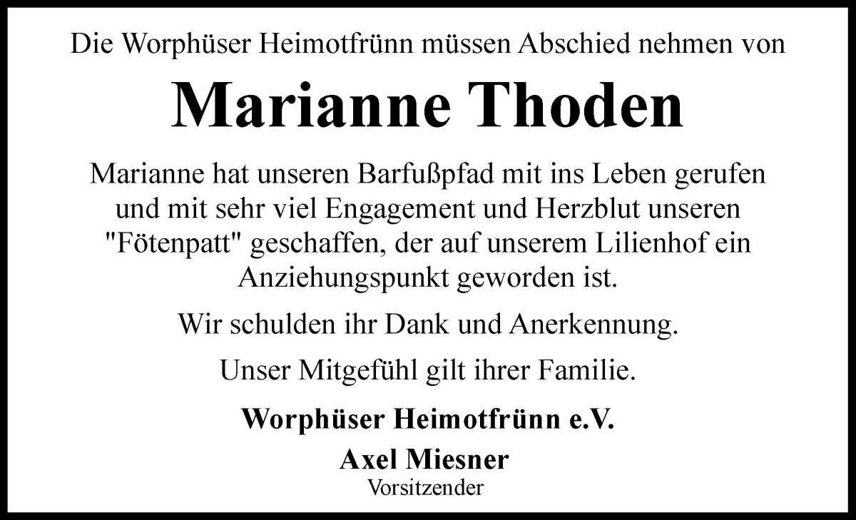 Traueranzeige von Marianne Thoden von Wuemme Zeitung