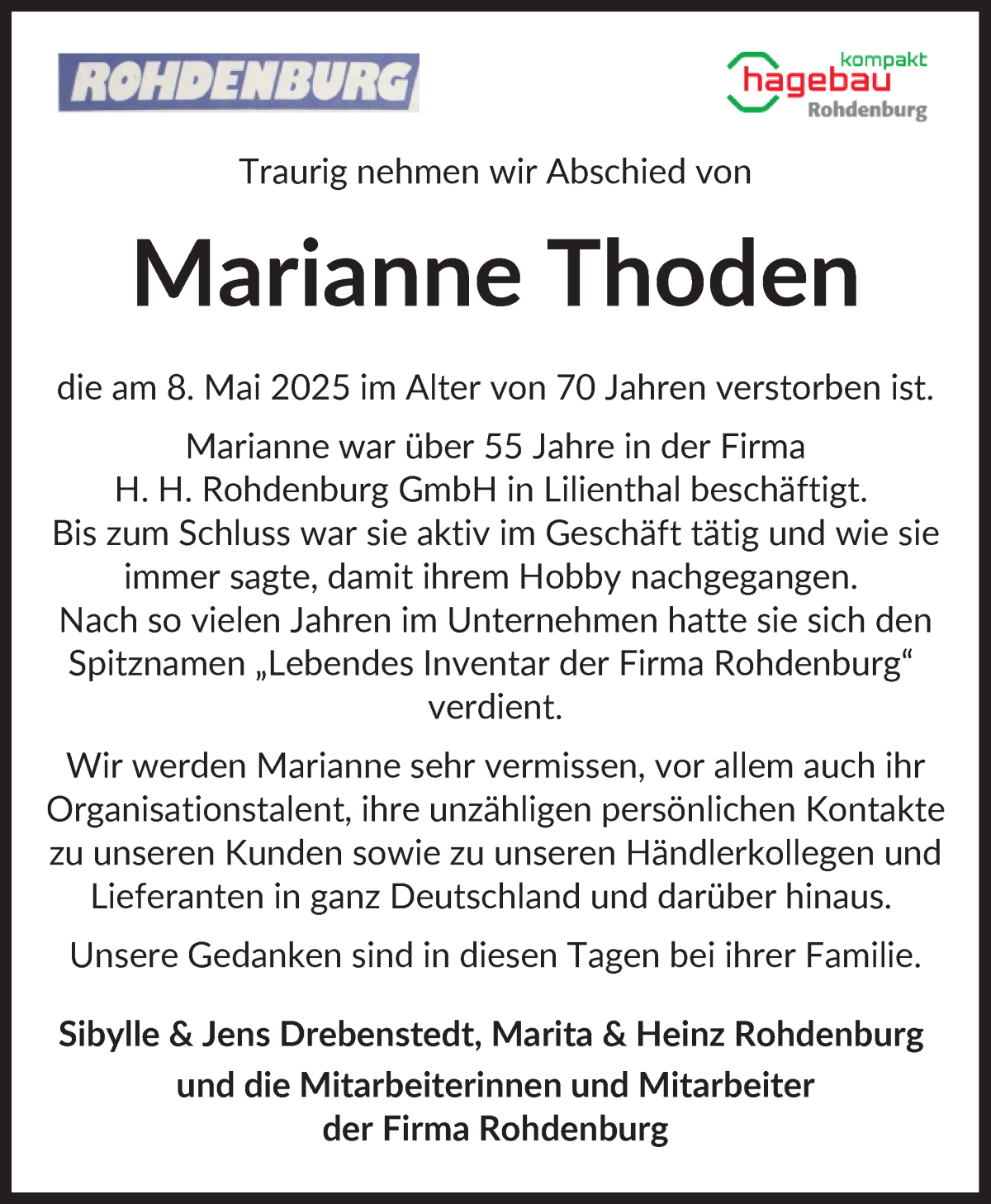 Traueranzeige von Marianne Thoden von Wuemme Zeitung