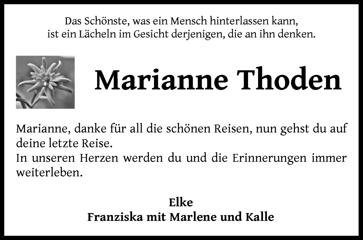 Traueranzeige von Marianne Thoden von Wuemme Zeitung
