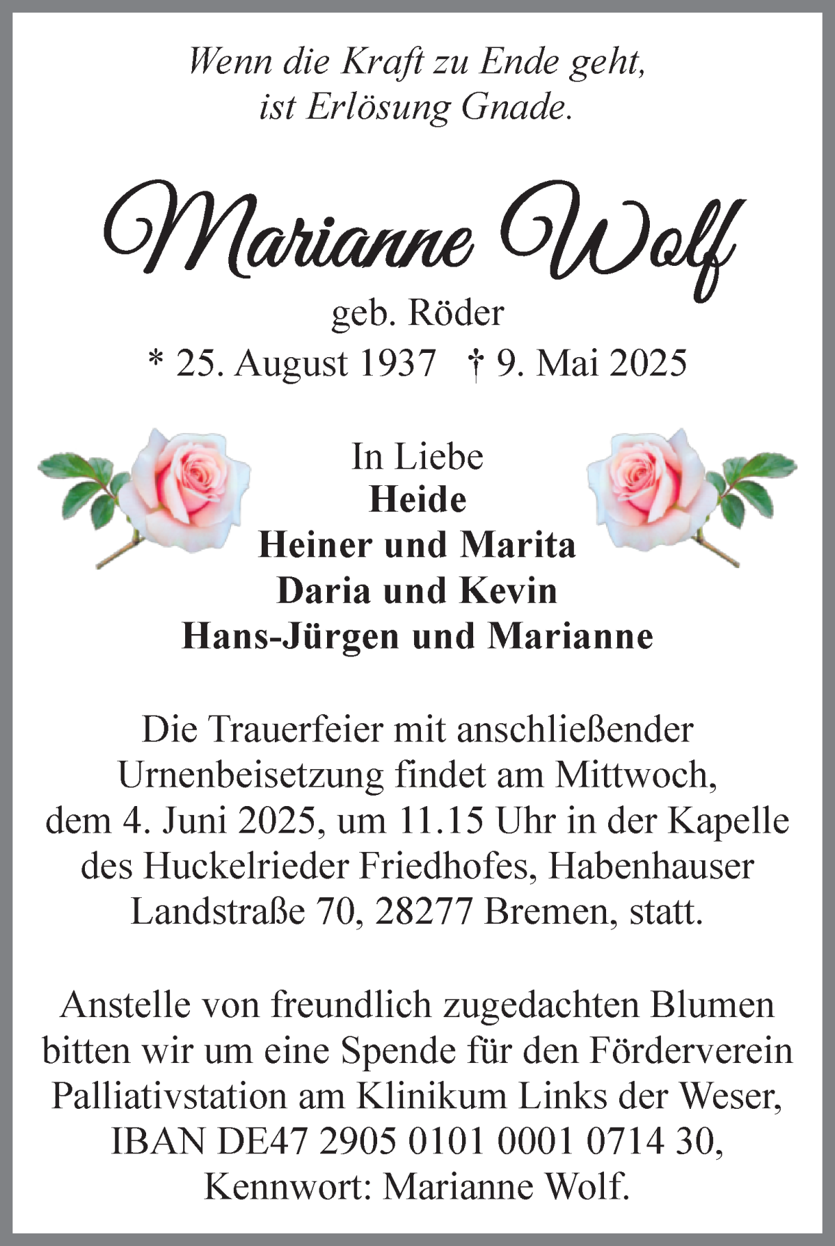 Traueranzeige von Marianne Wolf von WESER-KURIER