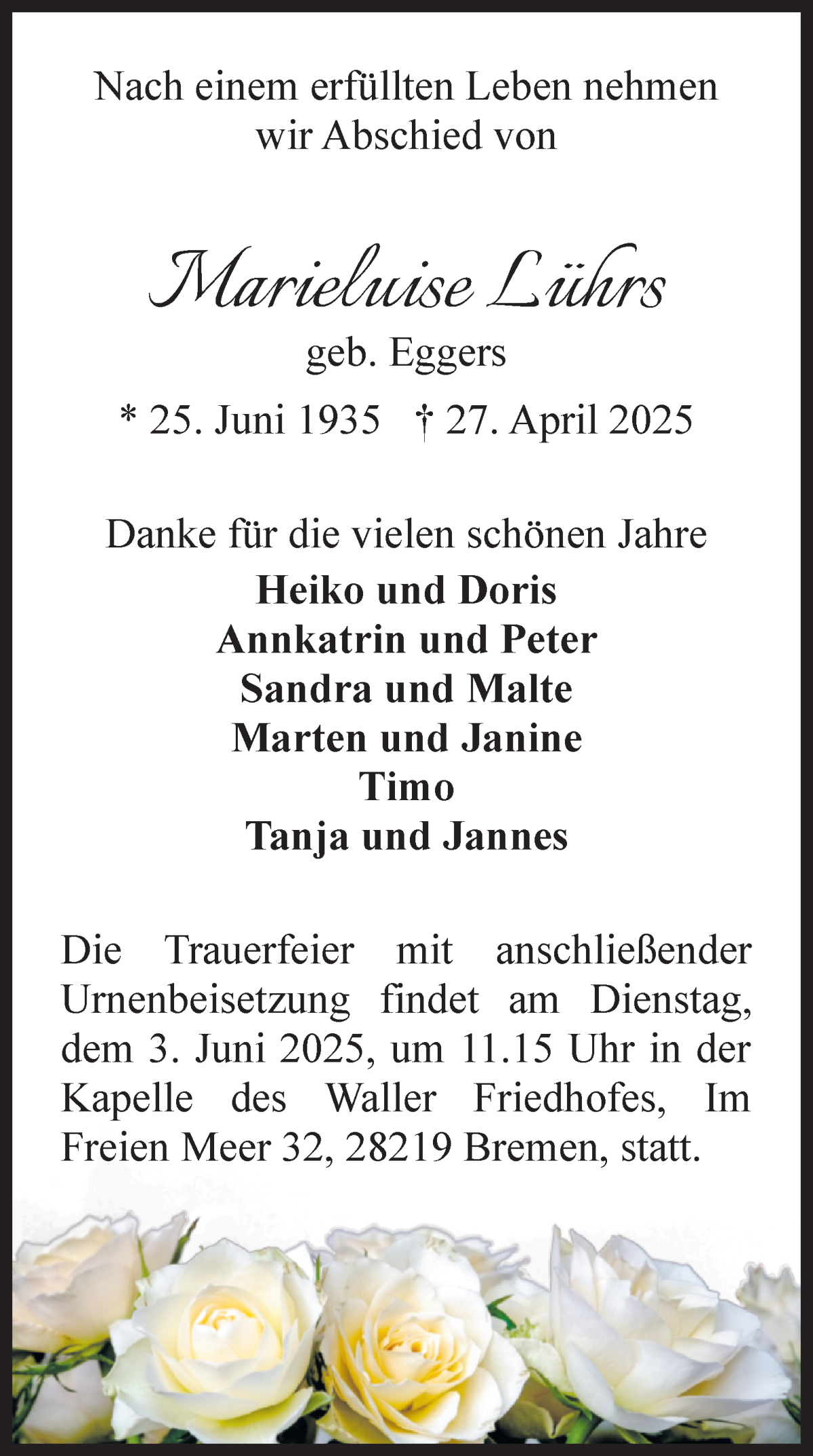 Traueranzeige von Marieluise Lührs von WESER-KURIER