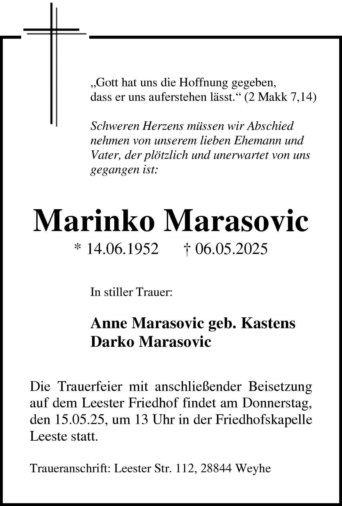 Traueranzeige von Marinko Marasovic von Regionale Rundschau/Syker Kurier
