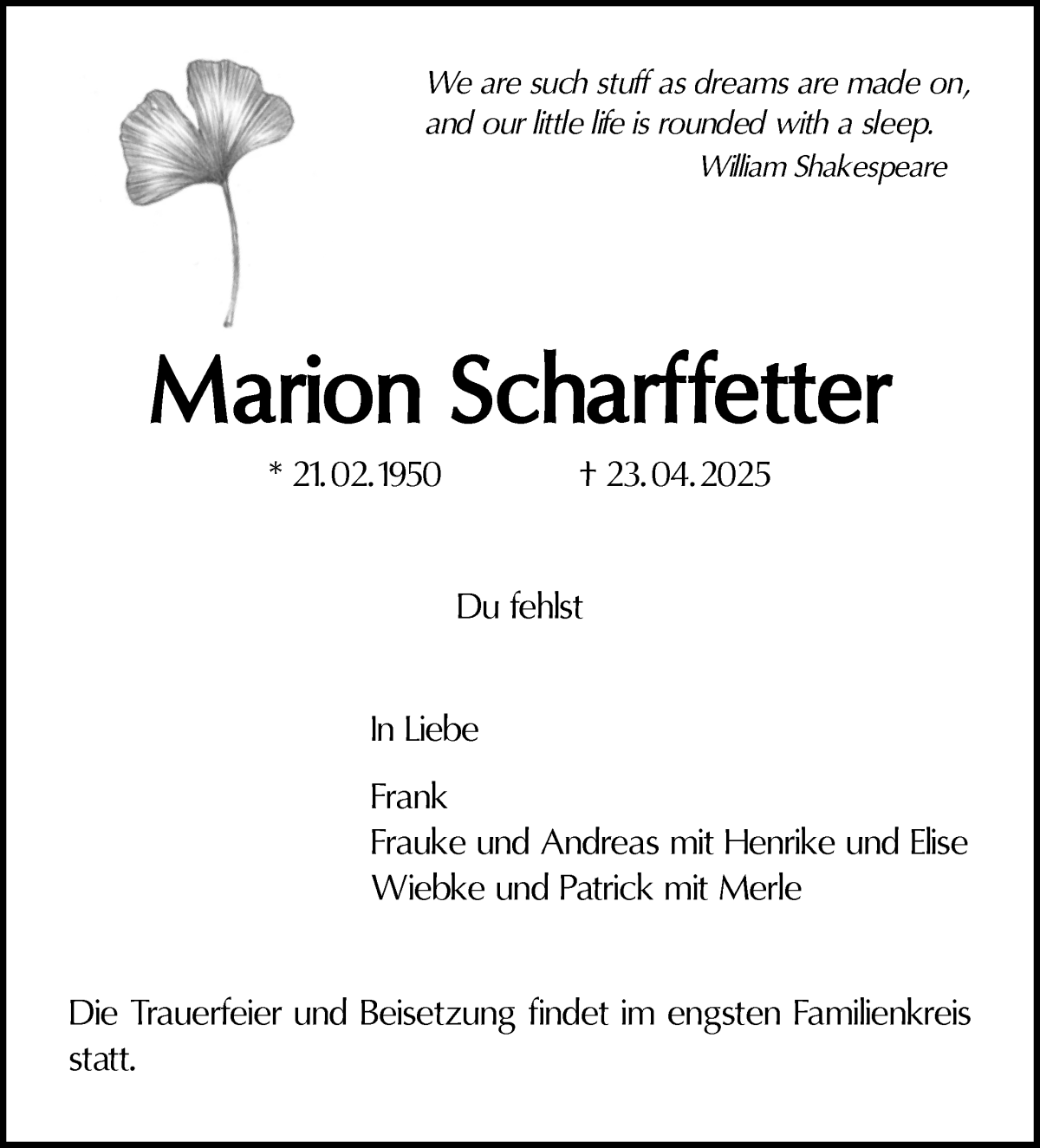 Traueranzeige von Marion Scharfetter von WESER-KURIER