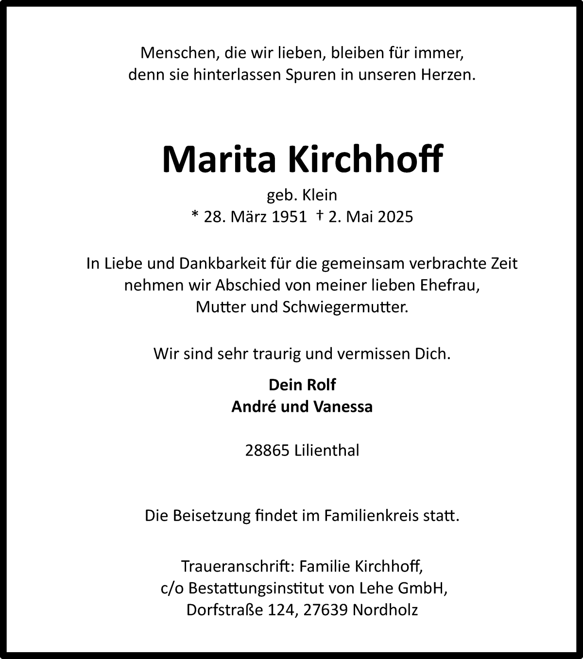 Traueranzeige von Marita Kirchhoff von Wuemme Zeitung