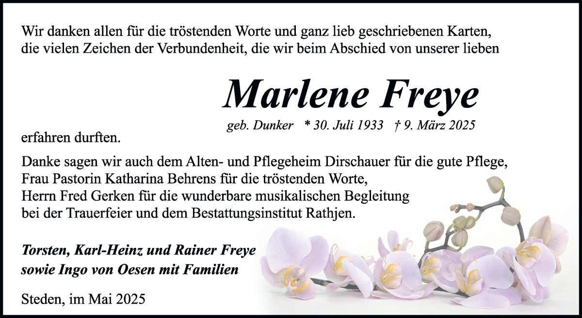 Traueranzeige von Marlene Freye von Osterholzer Kreisblatt