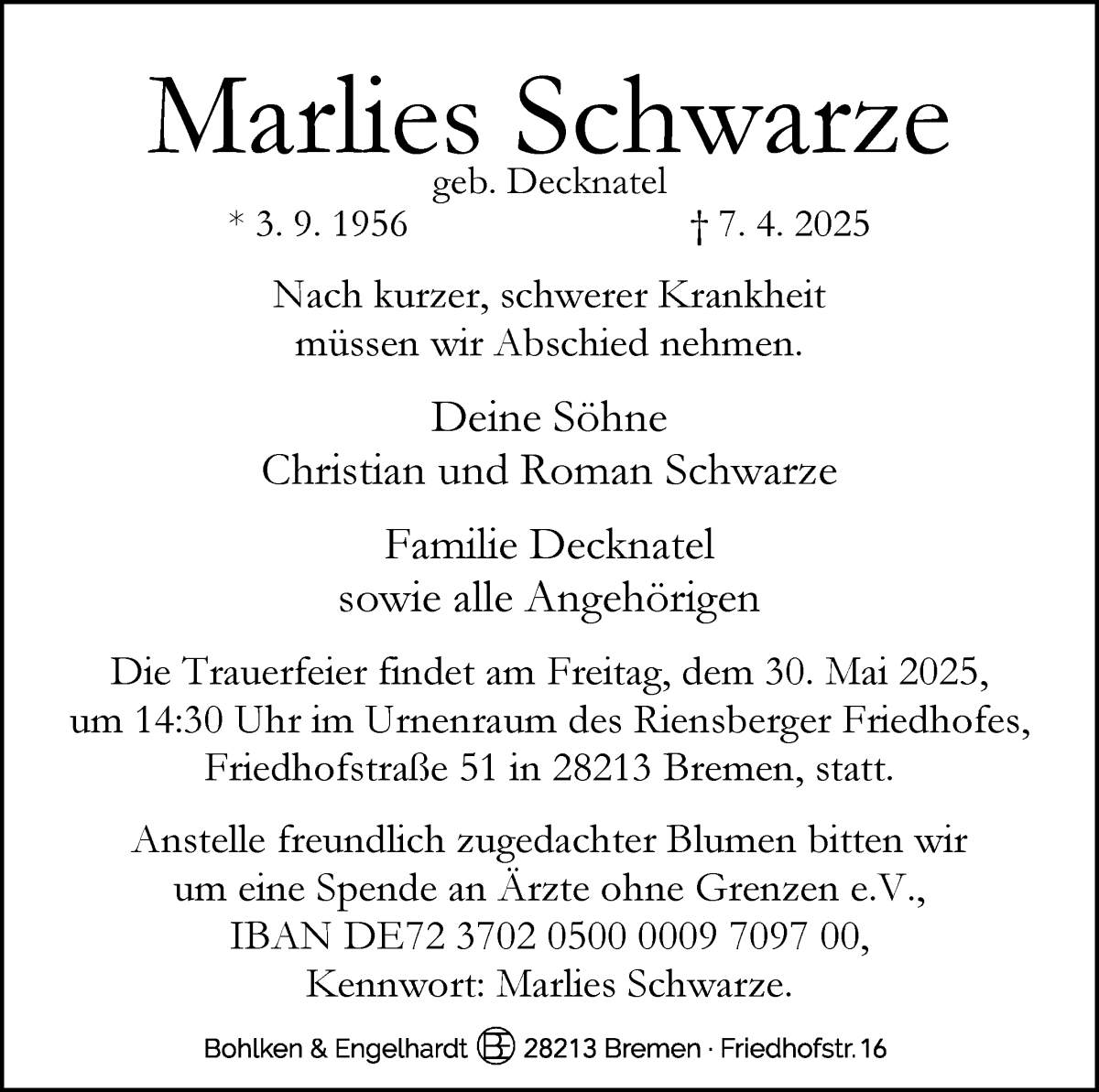 Traueranzeige von Marlies Schwarze von WESER-KURIER