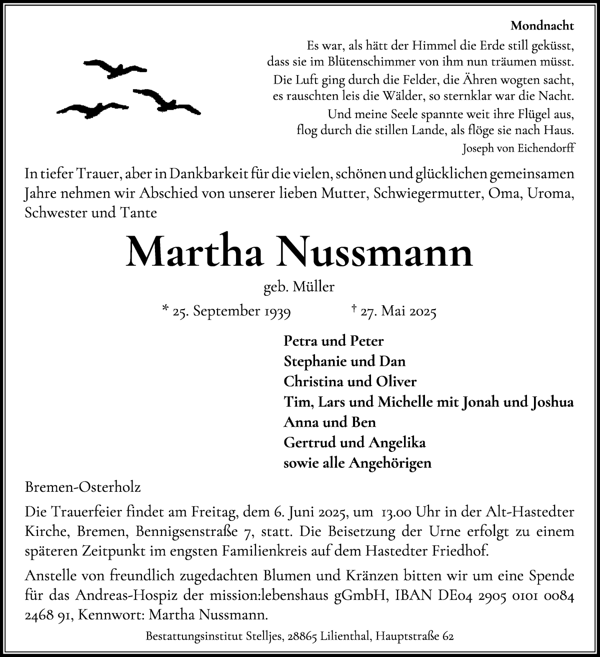 Traueranzeige von Martha Nussmann von WESER-KURIER