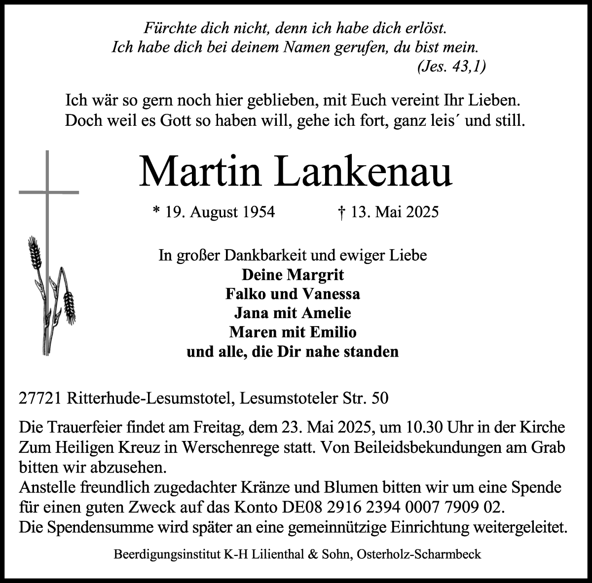 Traueranzeige von Martin Lankenau von Osterholzer Kreisblatt
