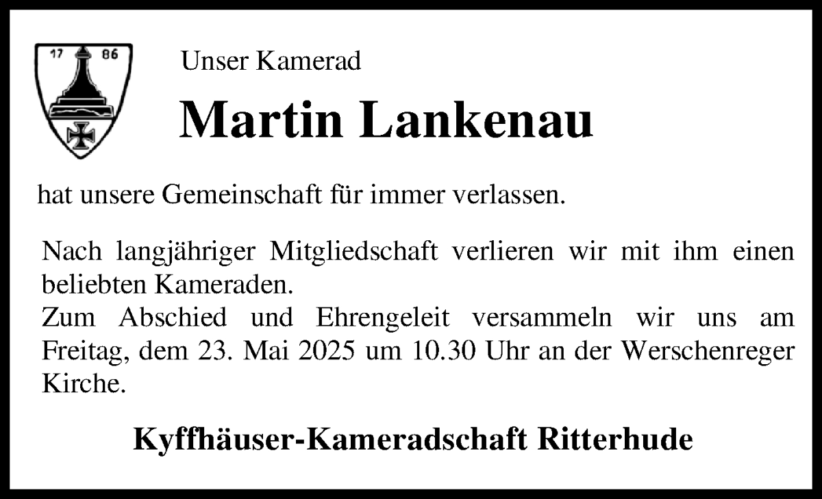 Traueranzeige von Martin Lankenau von Osterholzer Kreisblatt