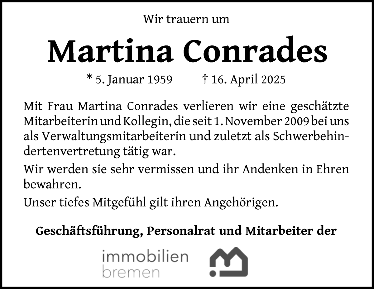 Traueranzeige von Martina Conrades von WESER-KURIER