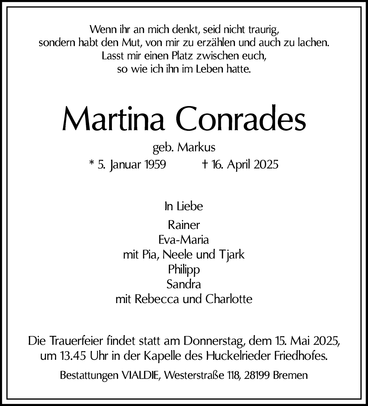 Traueranzeige von Martina Conrades von WESER-KURIER