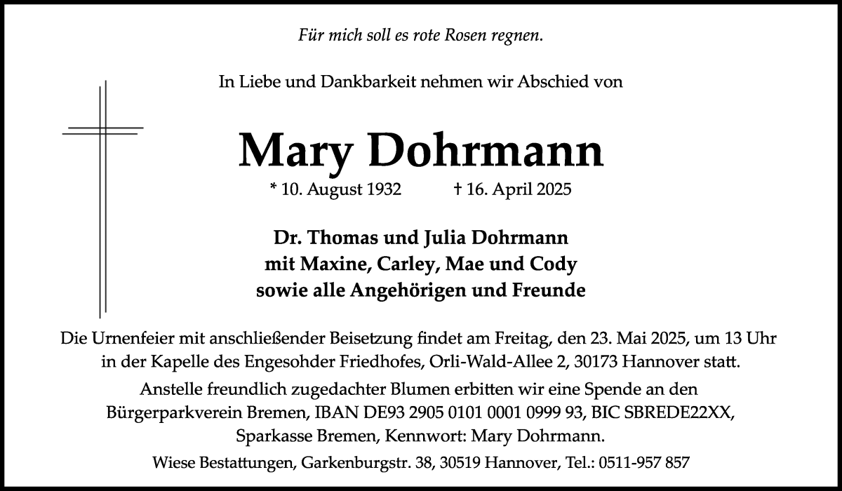 Traueranzeige von Mary Dohrmann von WESER-KURIER