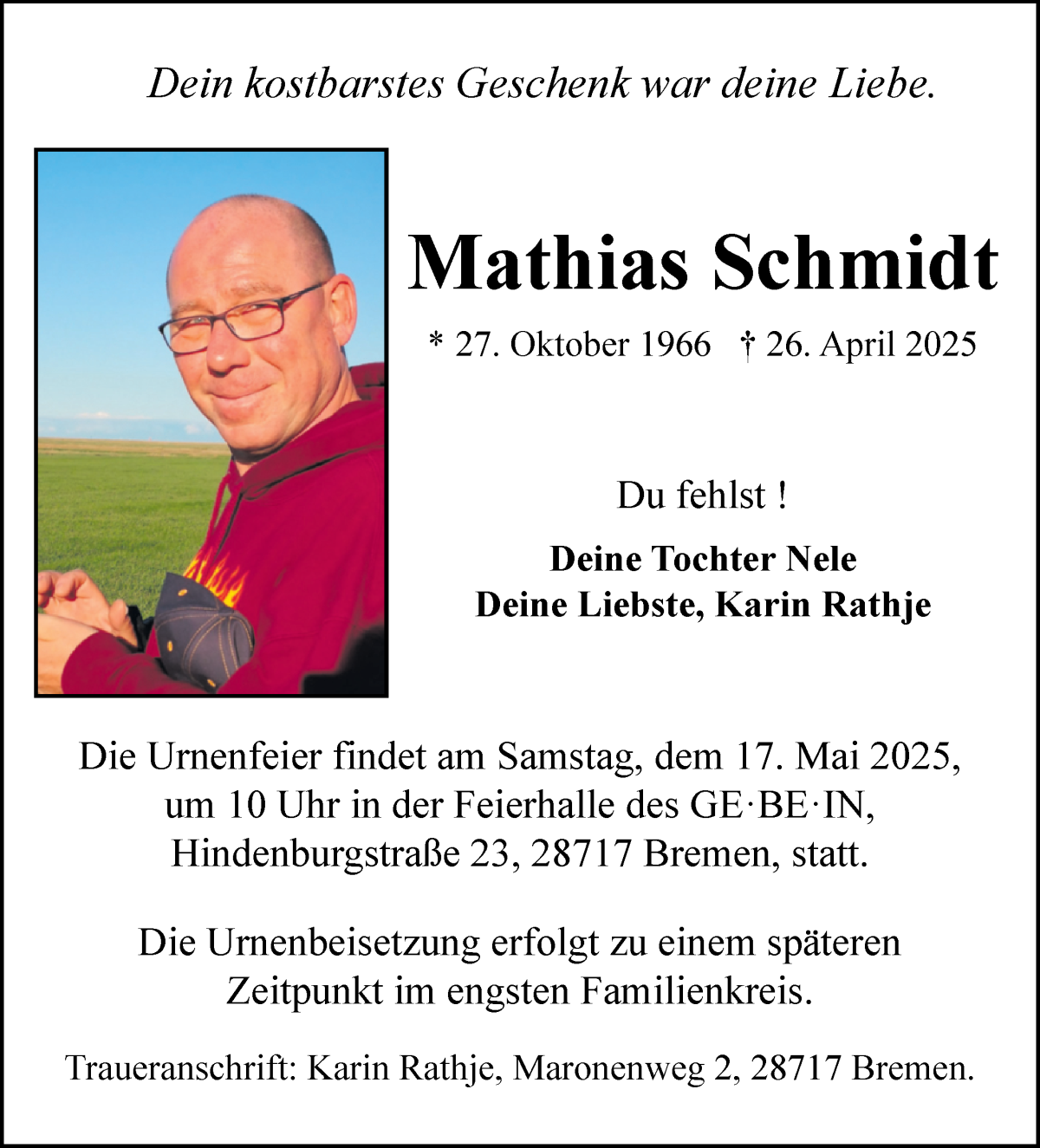 Traueranzeige von Mathias Schmidt von WESER-KURIER