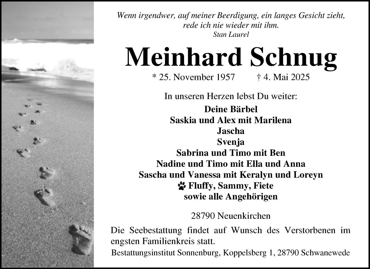 Traueranzeige von Meinhard Schnug von Die Norddeutsche