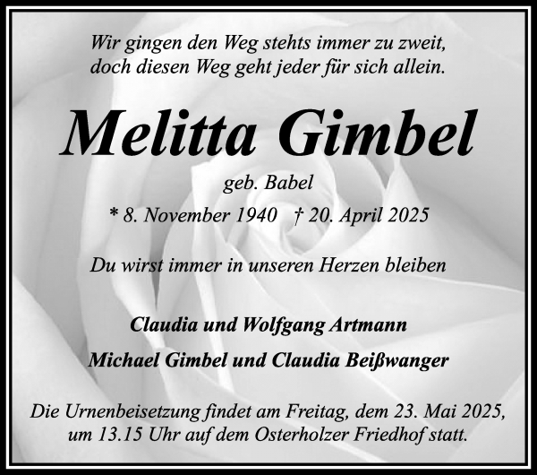 Traueranzeige von Melitta Gimbel von WESER-KURIER