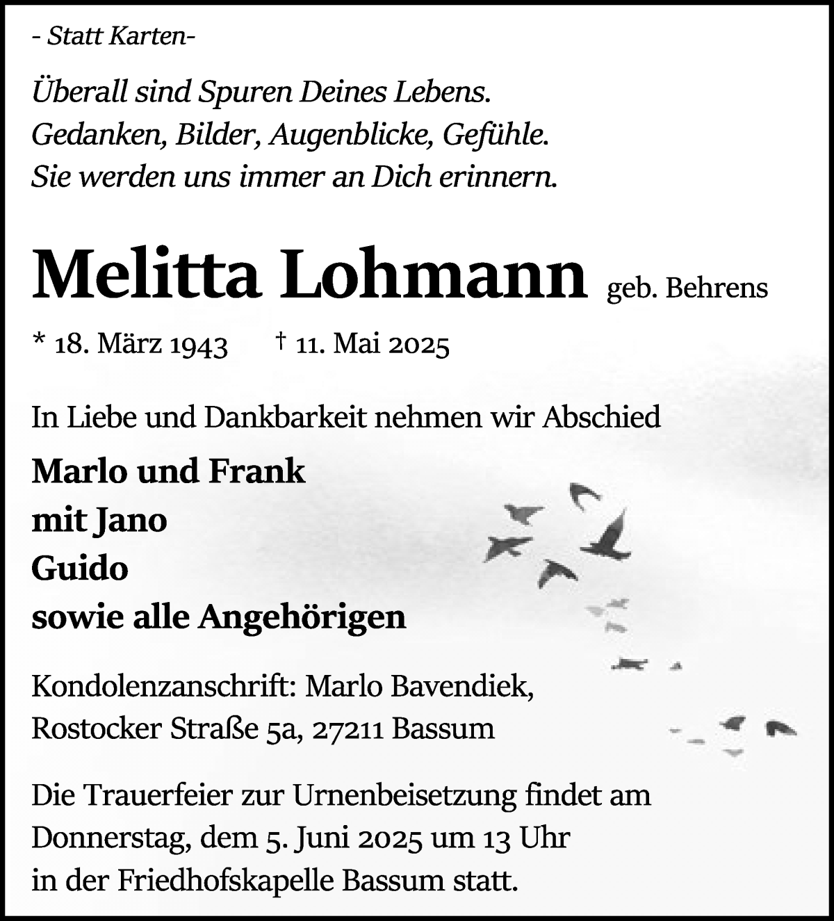 Traueranzeige von Melitta Lohmann von WESER-KURIER