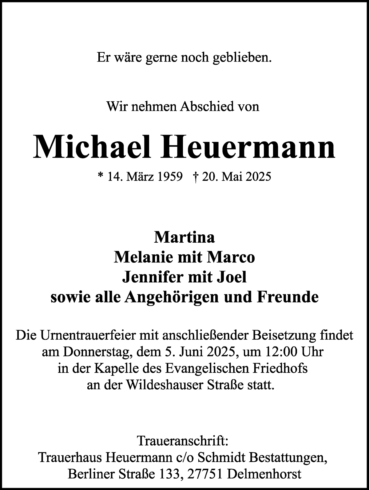 Traueranzeige von Michael Heuermann von WESER-KURIER