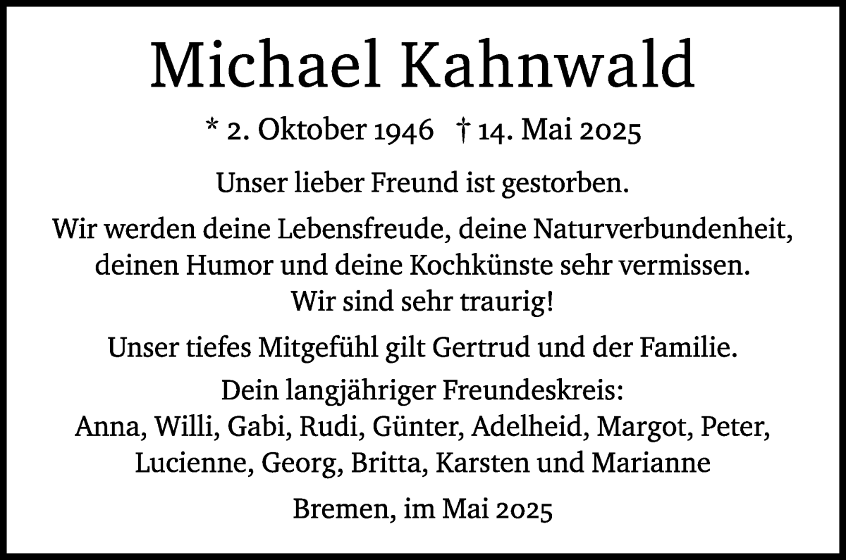 Traueranzeige von Michael Kahnwald von WESER-KURIER