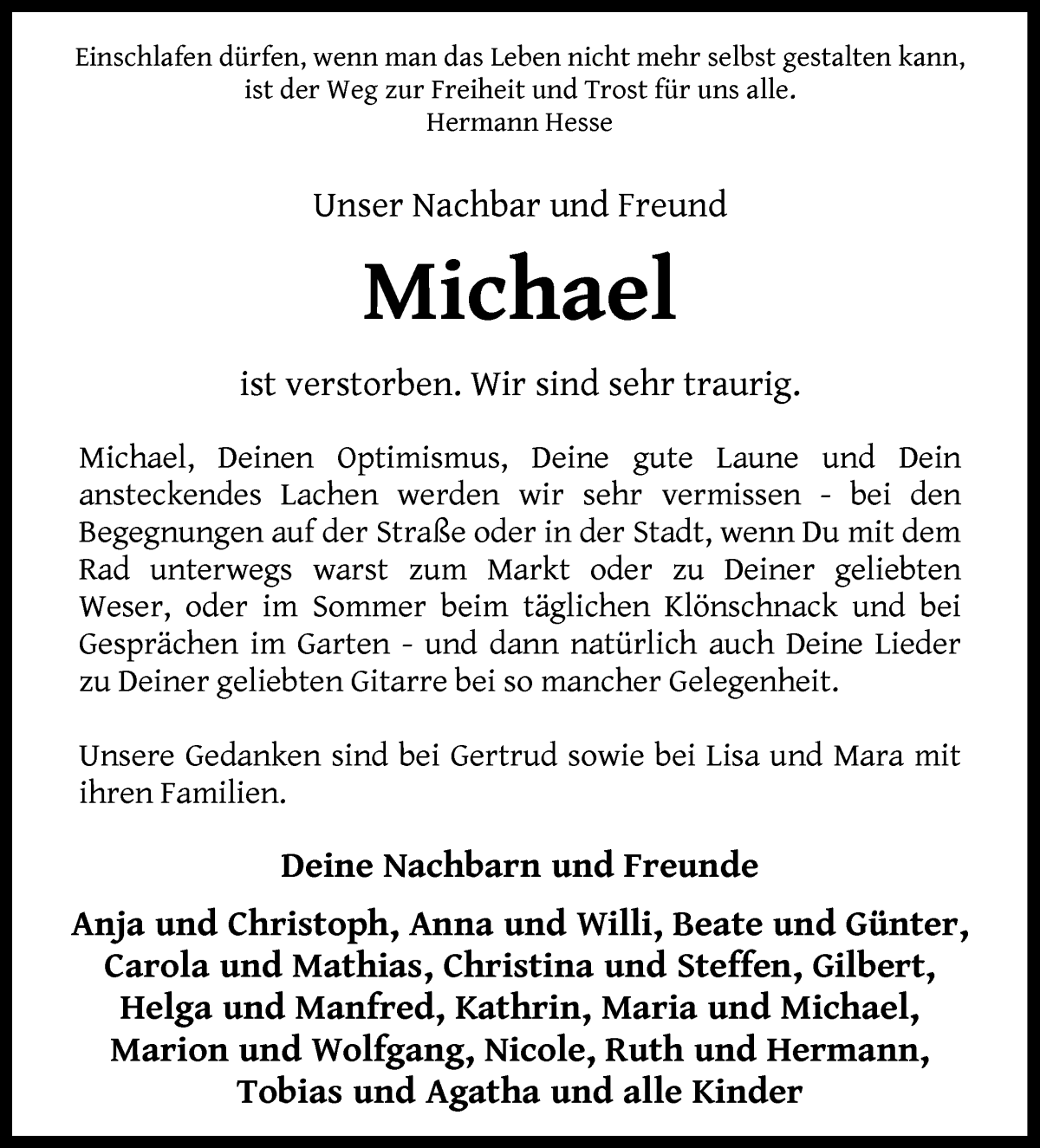 Traueranzeige von Michael Kahnwald von WESER-KURIER