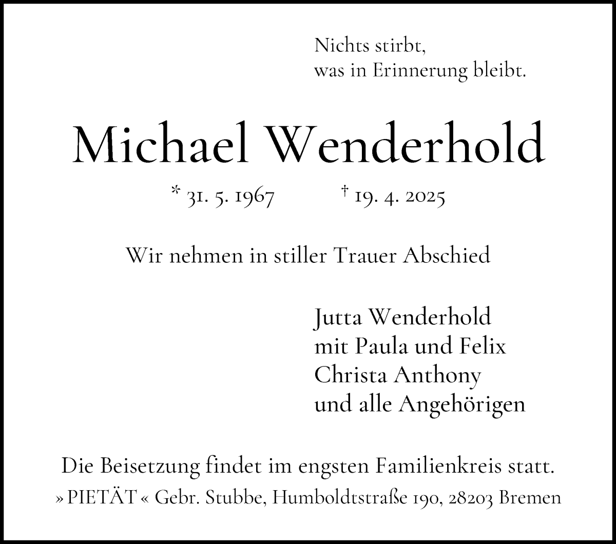 Traueranzeige von Michael Wenderhold von WESER-KURIER